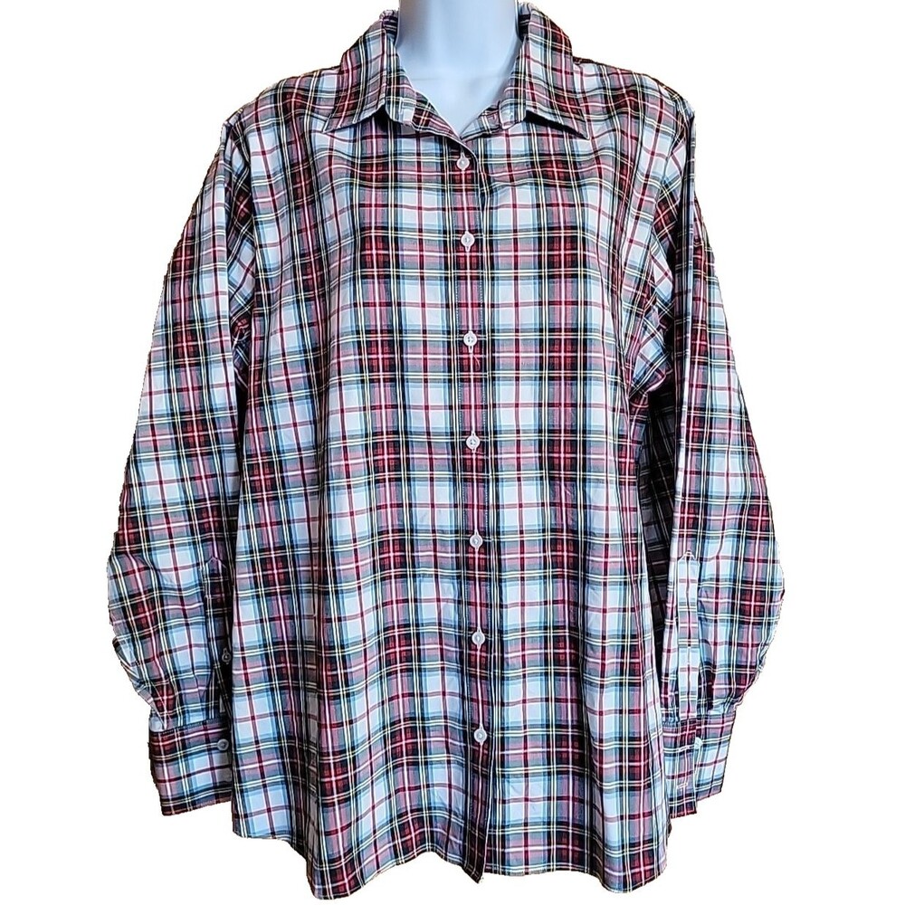 Lands End No Iron Supima Button Up Shirt Size 18 Red Blue Plaid Long Sleeve